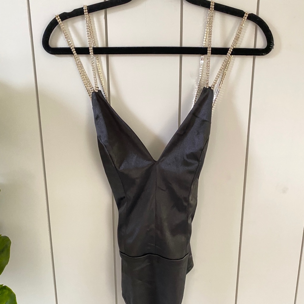 BLACK SATIN RHINESTONE BODYSUIT
